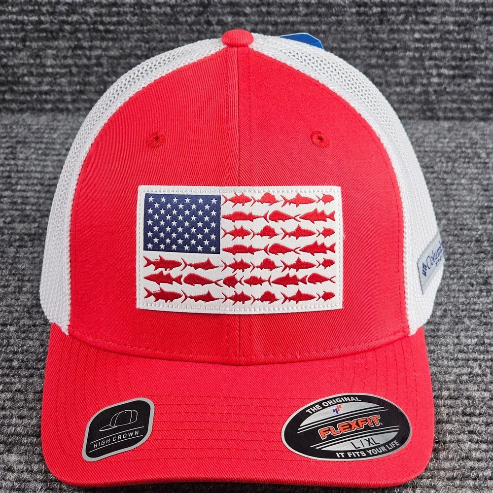 Columbia PFG Hat Mens Large Red White Flexfit Trucker Mesh USA Fish Flag